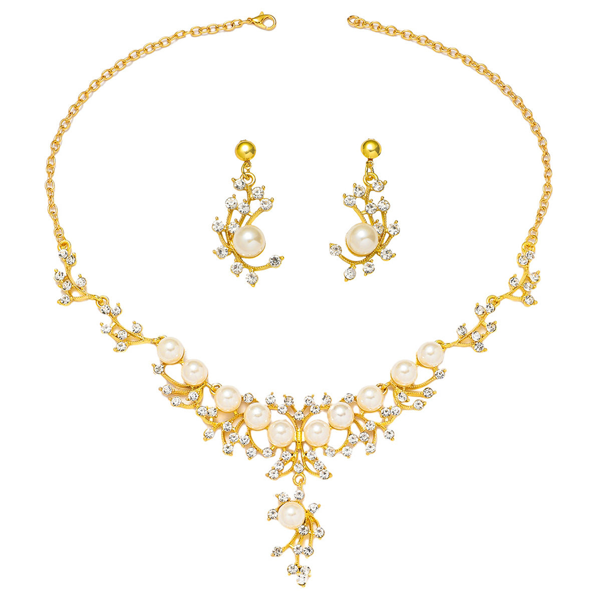 Elegant Floral Pearl & Diamond-Accented Jewelry Set – Luxe Alloy Necklace and Earrings for Modern Women