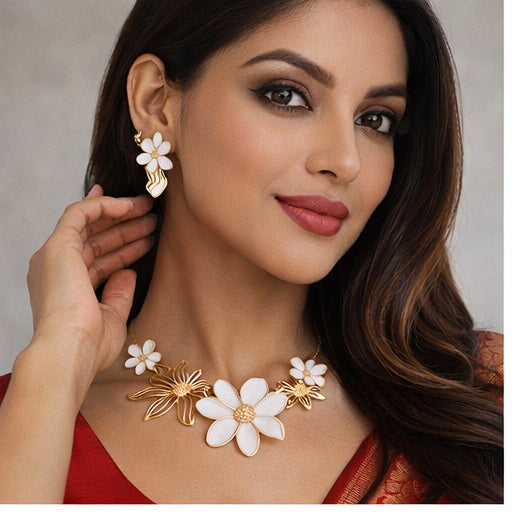 Handcrafted Floral Ethnic Necklace Set – White Enamel & Gold-Tone Statement Jewelry